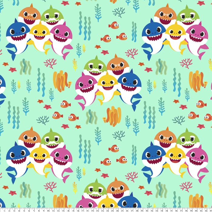 Baby Shark Family Mint Anti Pill Fleece Fabric Baby Shark Family Mint Anti Pill Fleece Fabric